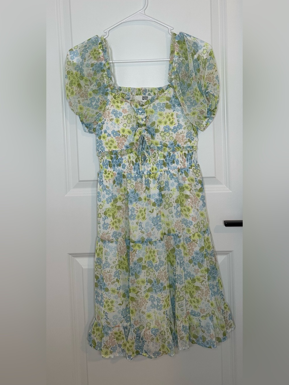 Madden NYC Floral Puff-Sleeve Smocked Midi Dress — Blue, Green & Cream